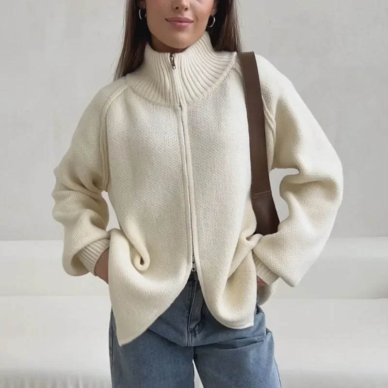 

Women's Casual Long Sleeve Loose Knitted Coat Winter Elegant Soft Zip Outercoat Autumn Fashion Stand Collar Solid Color Cardigan