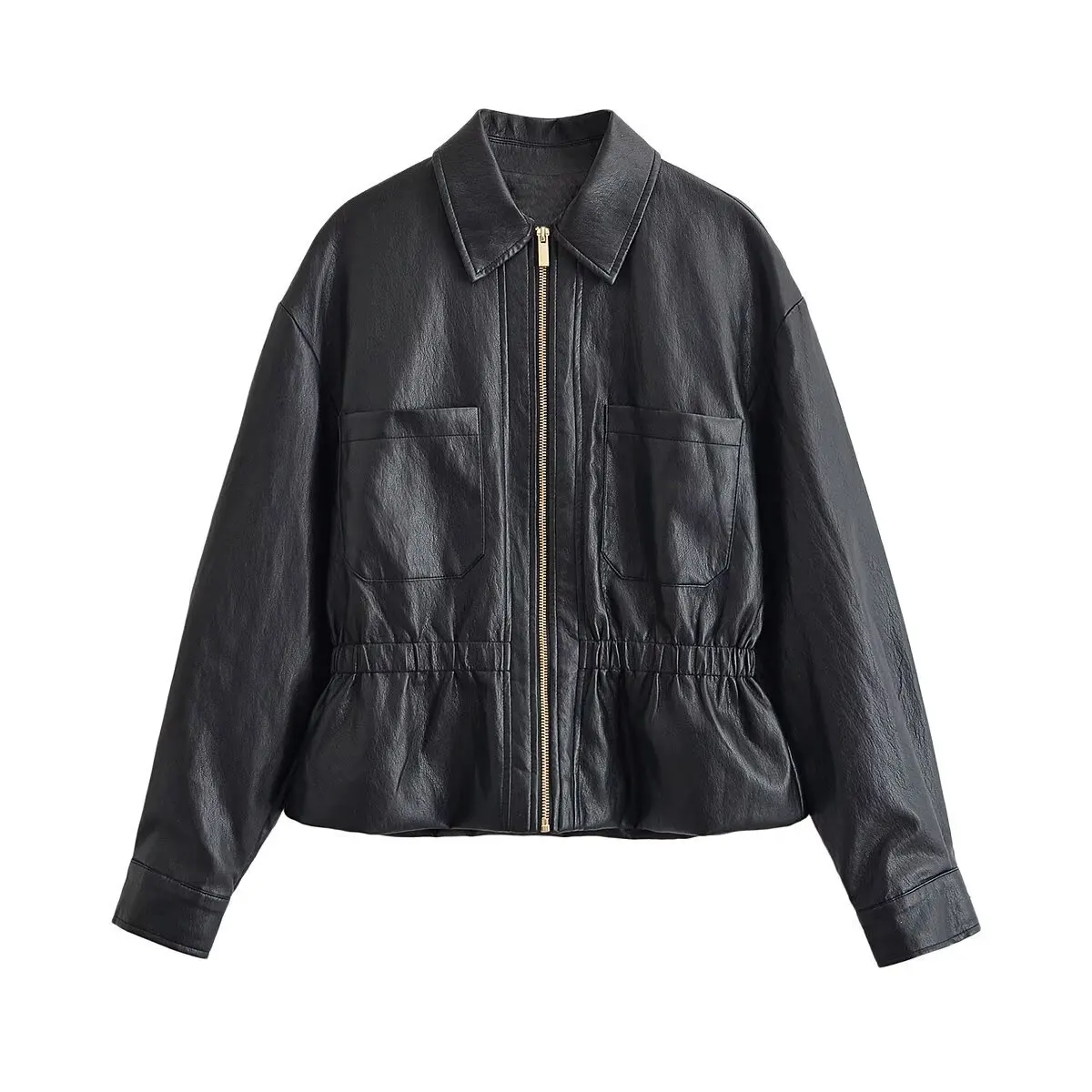 Casual Two-Tone PU Leather Jacket Women's Waist-Cinching Zipper Coat Top with Pocket Decoration Short Length Long Sleeve