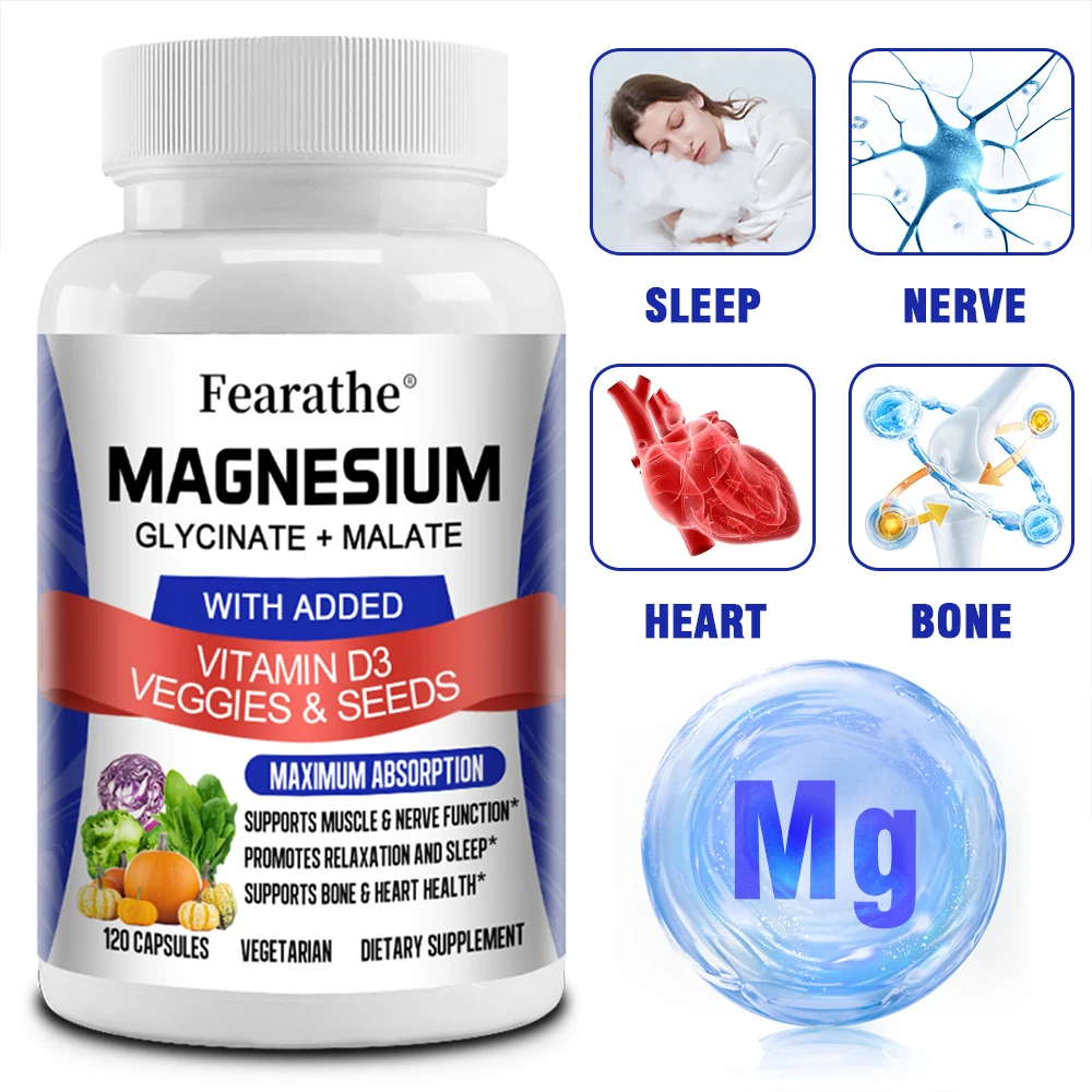 Supplément de glycinate de magnésium avec malate de magnésium, capsules végétariennes unisexes sans OGM, vitamine D3 pour un soutien à forte absorption