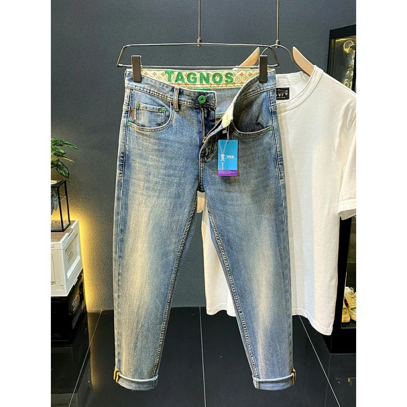 2024 new men jeans fashion high-end casual straight tube slim fit elastic versatile retro distressed washed printed denim pants