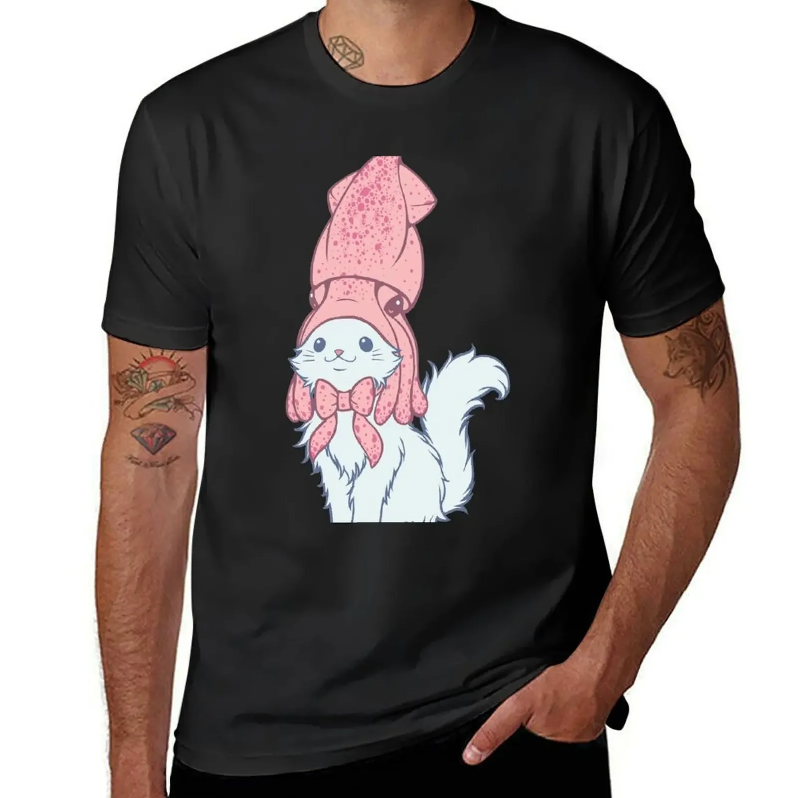 

White Cat Wears Squid Hat T-Shirt for a boy customizeds mens plain t shirts