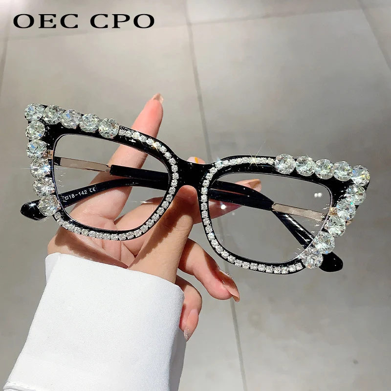 

OEC CPO Fashion Diamond Women Glasses Frame Luxury Rhinestone Clear Lens Cat Eye Eyewear Female Optical Frame Computer Eyeglass