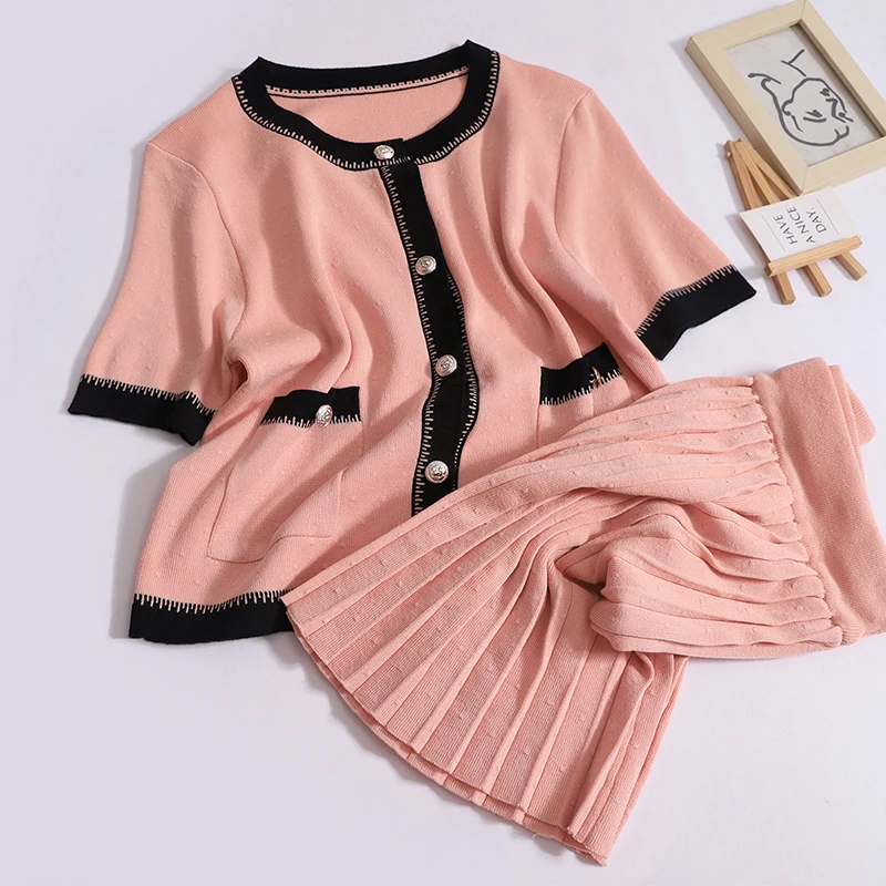 Women Sweet Contrast Color Edge O-neck Single Breasted Pocket Short Sleeved Cardigan High Waist Pleated Skirt Knit Versatile Set