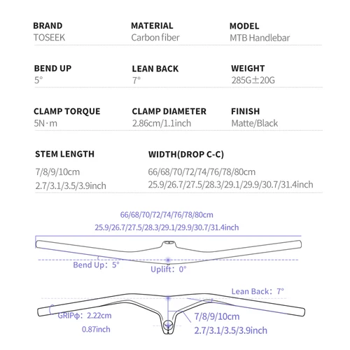 Imagen 2 del producto TOSEEK MTB Manillar y vástago de bicicleta -17 grados Manillar integrado de fibra de carbono Piezas de bicicleta de montaña 28,6 mm Negro mate