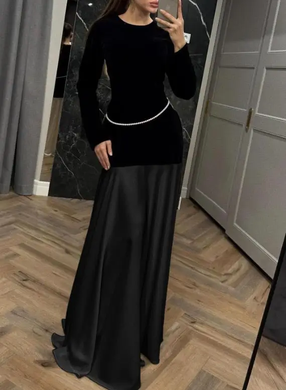 

Autumn Elegant High-End Versatile Long Sleeved Dress for Women's Fashion Satin Splicing Slim Fit A-Line Long Sleeved Dress