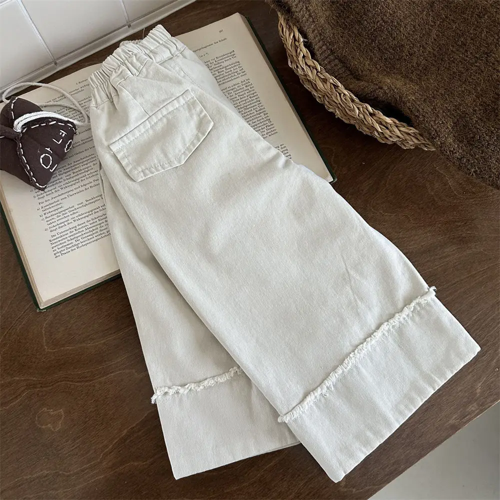 2025 Spring and Autumn Korean New Children Pants Cotton Flanged Design Pants Versatile Wide Leg Straight Leg Pants