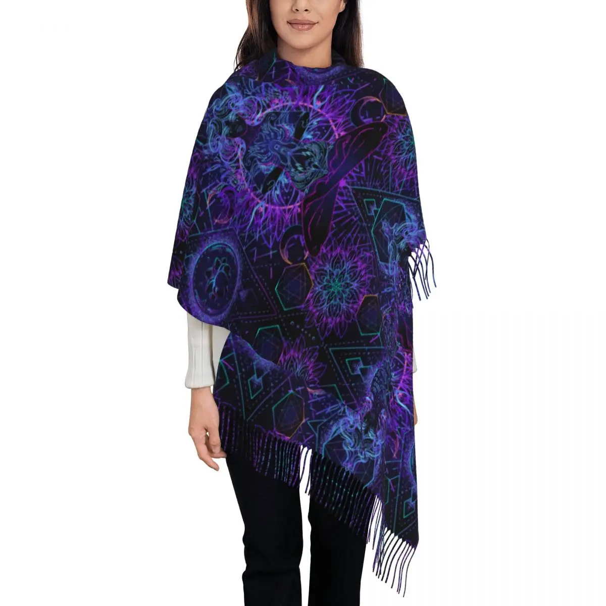 India Mandala Zen Buddha Scarf Women Warm Winter Pashmina Shawls and Wrap Mandala Psychedelic Large Shawl Scarf for Daily Wear