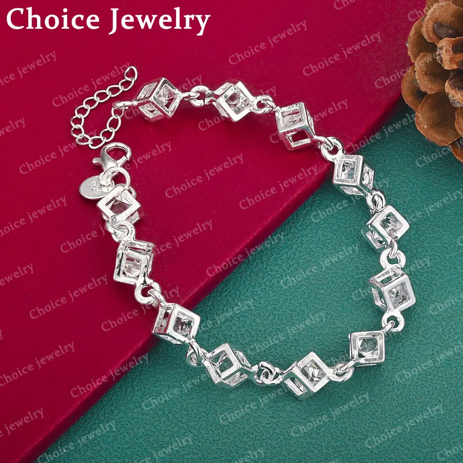 

925 Sterling Silver Zircon Cube Chain Bracelet For Women Fashion Jewelry Charm Popular Grace Birthday Gift Party
