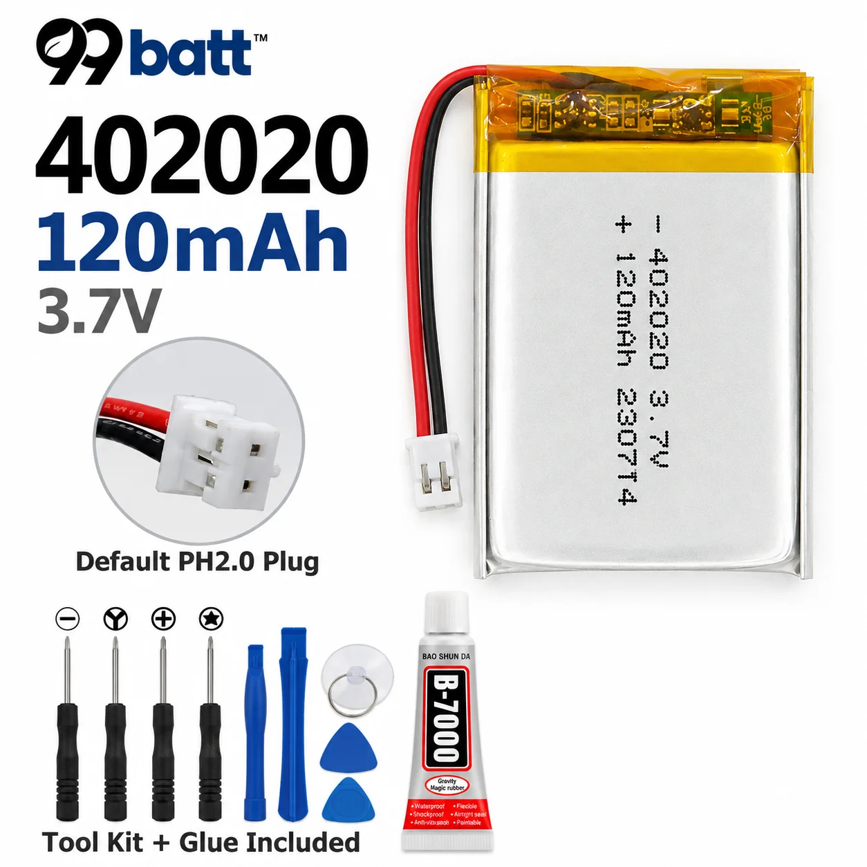 402020 3.7V 120mAh LiPo Rechargeable Polymer Lithium Battery 4x20x22mm with Protection Board PH2.0 Plug for Small Electronics
