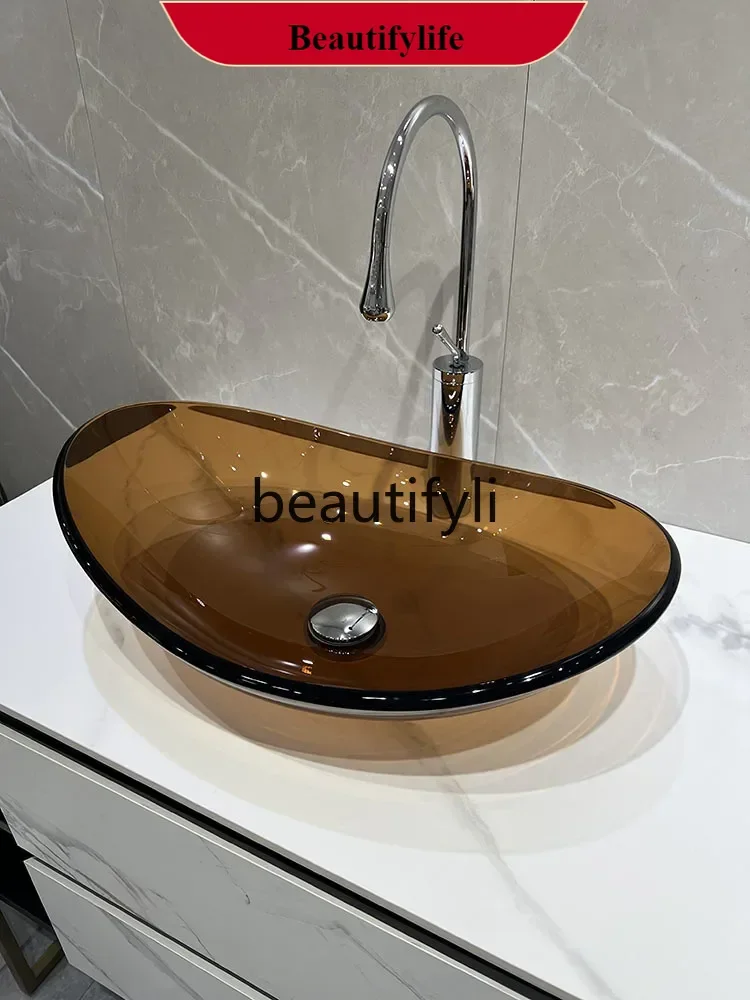 

B185 Tempered glass countertop basin, simple wash basin, brown