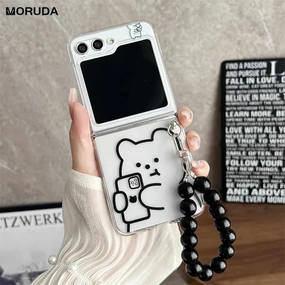 Lovely Cartoon Bear Case For Samsung Galaxy Z Flip 5 4 3 6 Bead Bracelet Cover For Galaxy Z flip5 Flip6 Clear Hand Chain Cover