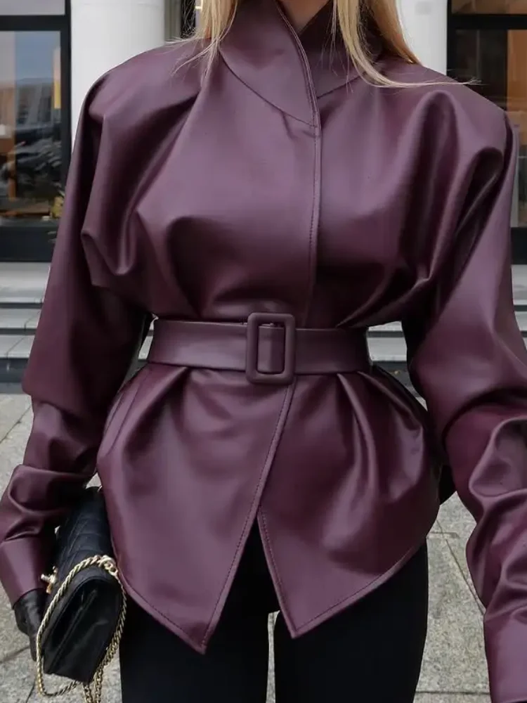 

Retro Burgundy Belted Leather Jacket Lady Fashion Solid Stand Collar Long Sleeve Cropped Coat 2026 Women Daily Street Outerwears