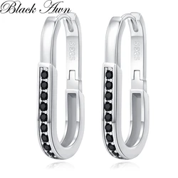 Black Awn 2026 New Hoop Earrings for Women Classic Silver Color Trendy Spinel Engagement Fashion Jewelry I285