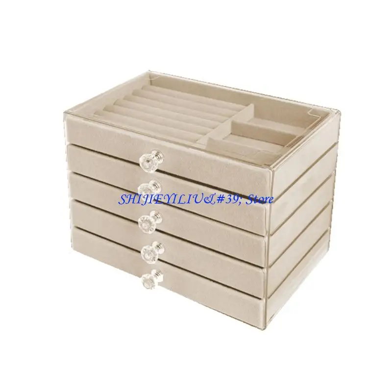 

E21F 5 Tiers Jewelry Box Velvets Lined Compartments Adjustable Storage Organiser for Earring Necklace Collection Display