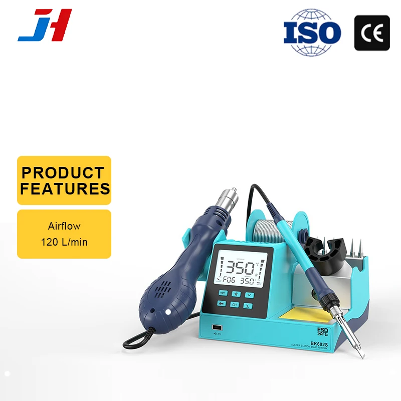 JH Digital Hot Air Rework & Soldering Station 2-in-1 with 640W Max Power 100-500℃ Adjustable ESD Protection & Auto Sleep