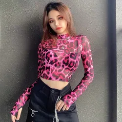 Sexy Leopard Print Mesh T-Shirt Women's Street Style Long Sleeve Short Length Slim Fit Top with Belly Baring And See through ...