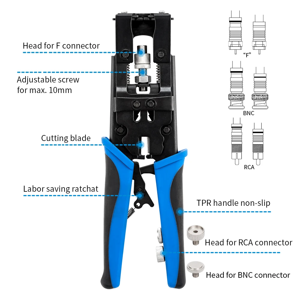 CCTV-Kamera-Installationswerkzeug-Set, Kompressionszange für F/BNC/RCA-Anschluss, RG-58/59/62/6 (3C/4C/5C), Typ Kabelabisolierer-Set – Detail 3