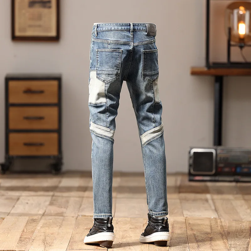 Homens high-end costura slim fit jeans skinny, calças de motocicleta, design personalizado, na moda, retro, rua, 2024