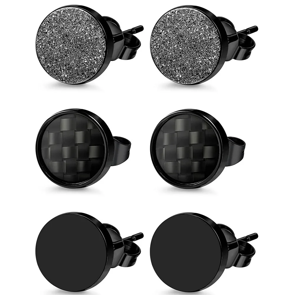 1 Pairs Stainless Steel Black Stud Earrings For Men Women Round Ball Cubic Zirconia Stud Earring Black Carbon Fiber Set