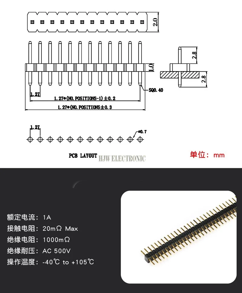 1.27mm 1.27 Pin Header Single Row Male Breakaway PCB Board Connector Pinheader 1*2/4/5/6/8/10/12/15-40p 50p For Arduino