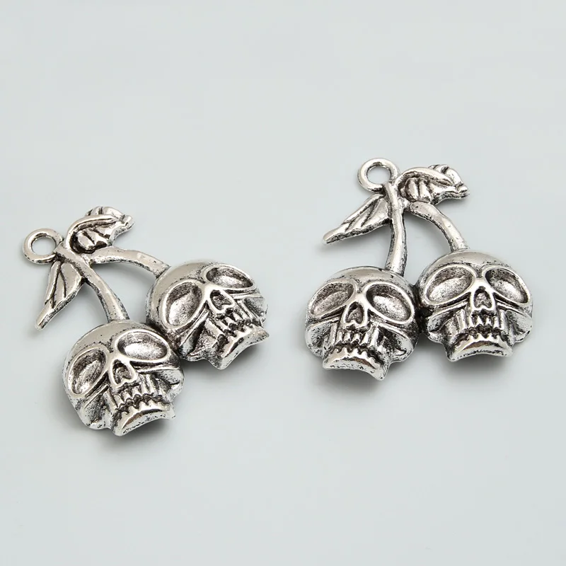 10pcs Silver Color 38.5x32mm Cherry Skull Skeleton Charms Halloween Pendant For DIY Handmade Metal Jewelry Making Accessories