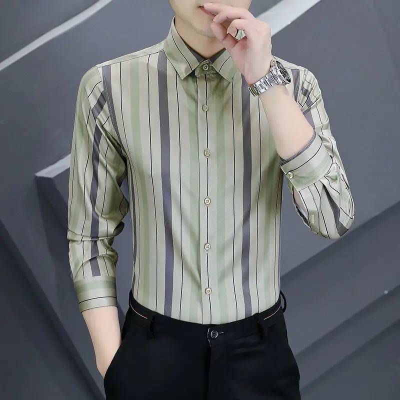 

Spring Autumn Contrast Color Turn-down Collar Button Long Sleeve Striped Cardigan Men's Clothing Formal Fashion Shirt Tops