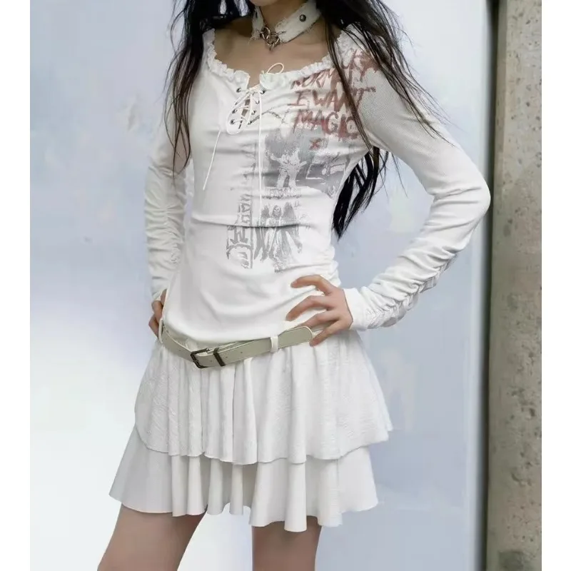 

White Mini Skirt Summer 2024 Women Street Letter Print Style Cool 2000s Dress Punk Grunge Black Vintage Harajuku Short Dresses