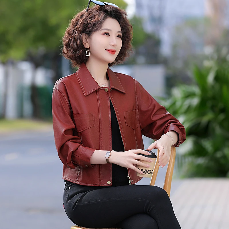 Jaqueta de couro fina feminina, gola alta, costura com zíper, casaco monocromático, roupas da moda