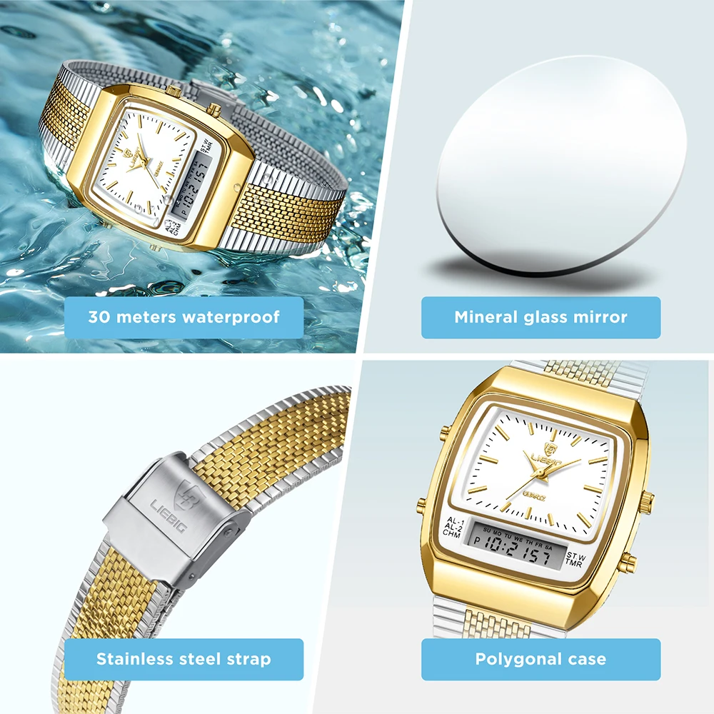 LIEBIG أزياء رجال الأعمال ساعات كوارتز الرجال الرقمية المزدوجة الوقت أسبوع الذهب الرياضة 3bar للماء ساعات المعصم Relojes #5