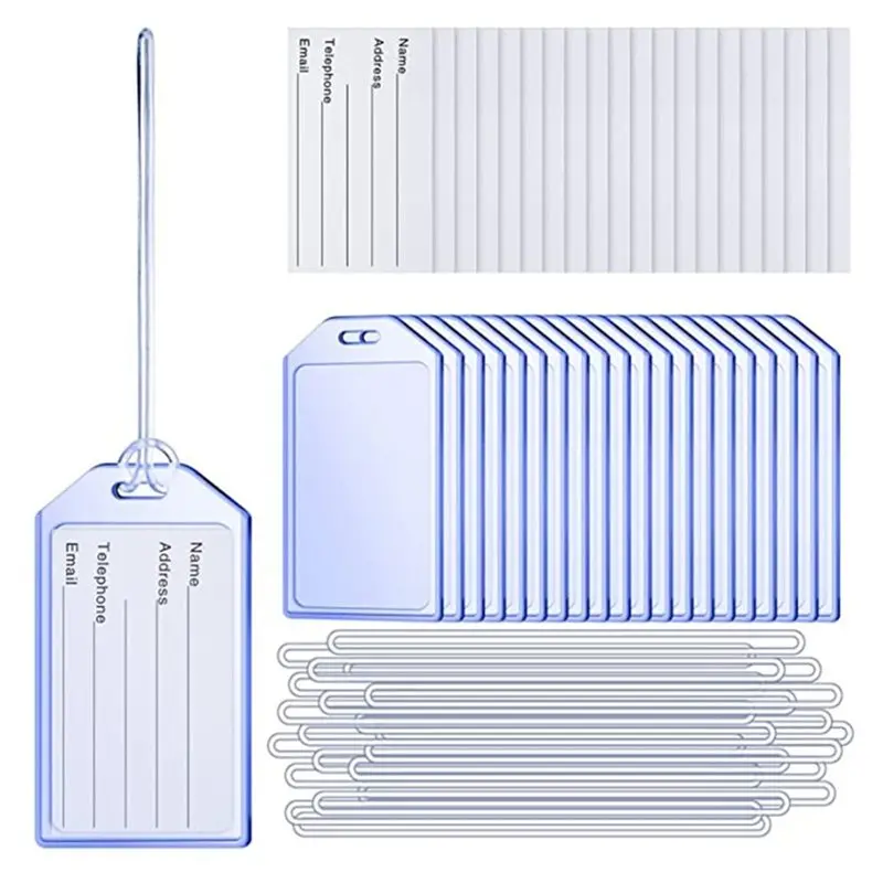TEXU PVC Heavy Duty Clear Plastic Luggage Tags 40-Pack With Loops Identification ID Cards For Suitcases Includes Card Holder Ins
