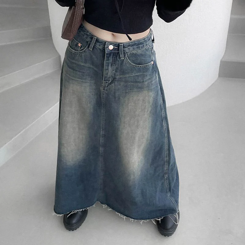 Vinatge A Line Denim Long Skirts Women 2026 Spring High Waist Midi Jeans Skirt Woman Korean Streetwear Loose Skirts Female