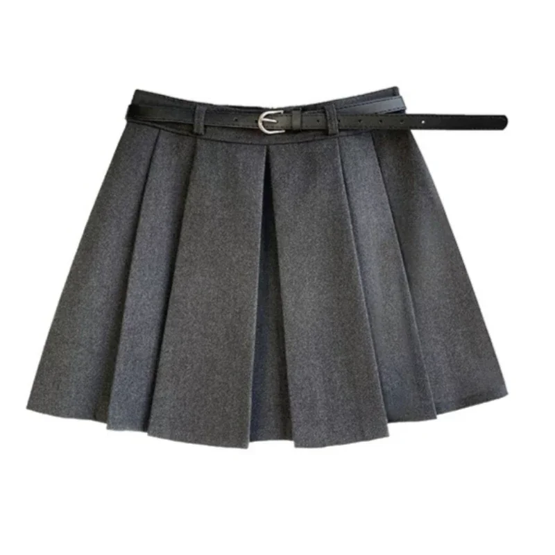 2025 New Casual Gray Woolen Skirt Women Autumn Winter Anti-exposure Hip-hugging A-Line Skirt Fashion Pleated Short Skirts