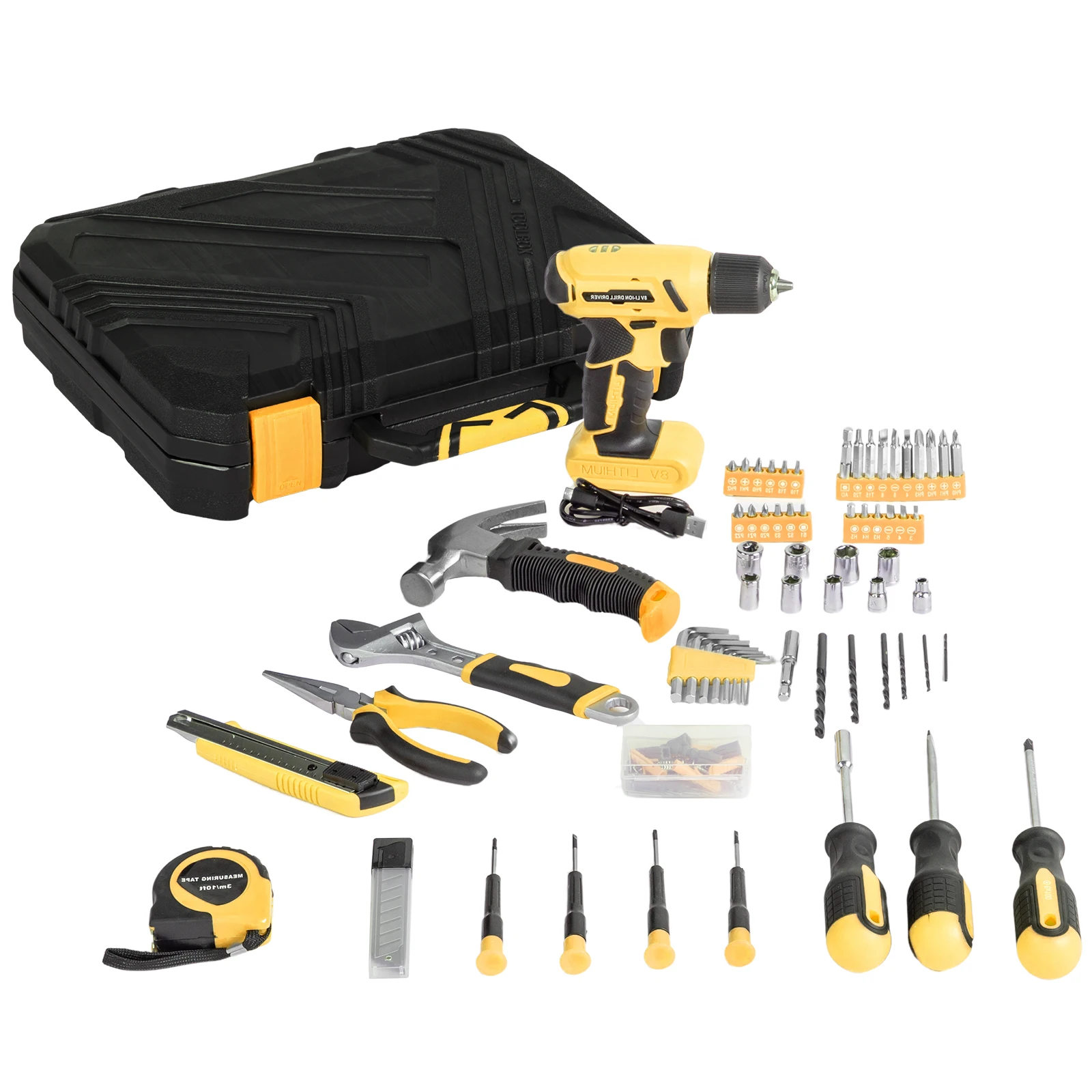 Ensemble de perceuse sans fil avec étui portable, kit d'outils pour la maison avec perceuse, kits d'outils à main de réparation, 8V, 146 pièces