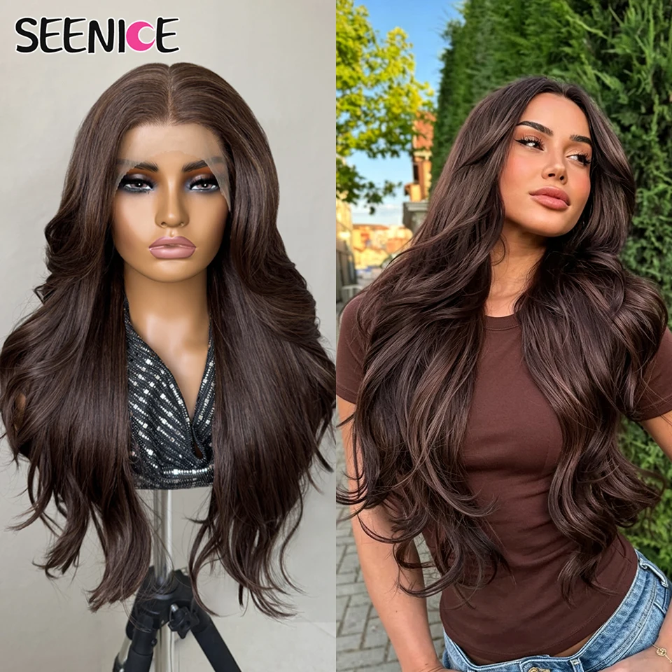 Layered Curl 13x6 Synthetic Lace Frontal Wigs For Women 24 Inches Long Wavy Ombre Copper Brown Lace Wig With Bangs Cosplay Wigs