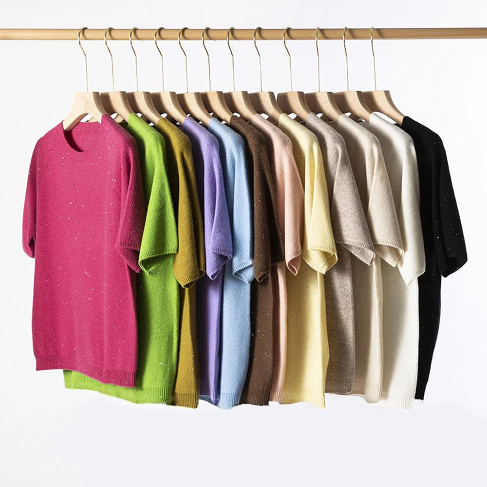 

Осень-зима 2025: 100% мериносовая шерсть, свитера с круглым вырезом и короткими рукавами, классический крой, повседневный вязаный пуловер, футболка