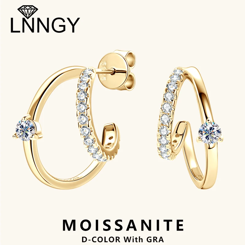 

Lnngy Moissanite Earrings Brinco Prata 925 Sterling Silver C-Shaped Stud Earring For Women Girls Double Layer Design Jewelry