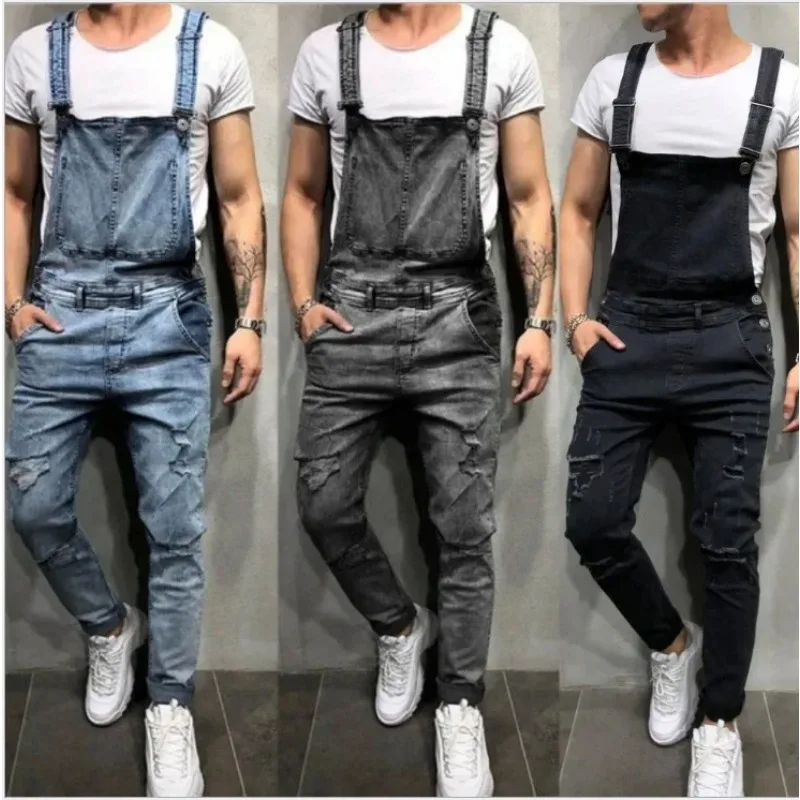 

Men Jeans Jumpsuits Denim Overalls Distressed Pockets One Piece Pencil Pants Solid Washed Ankle Length Safari Style Spliced Male