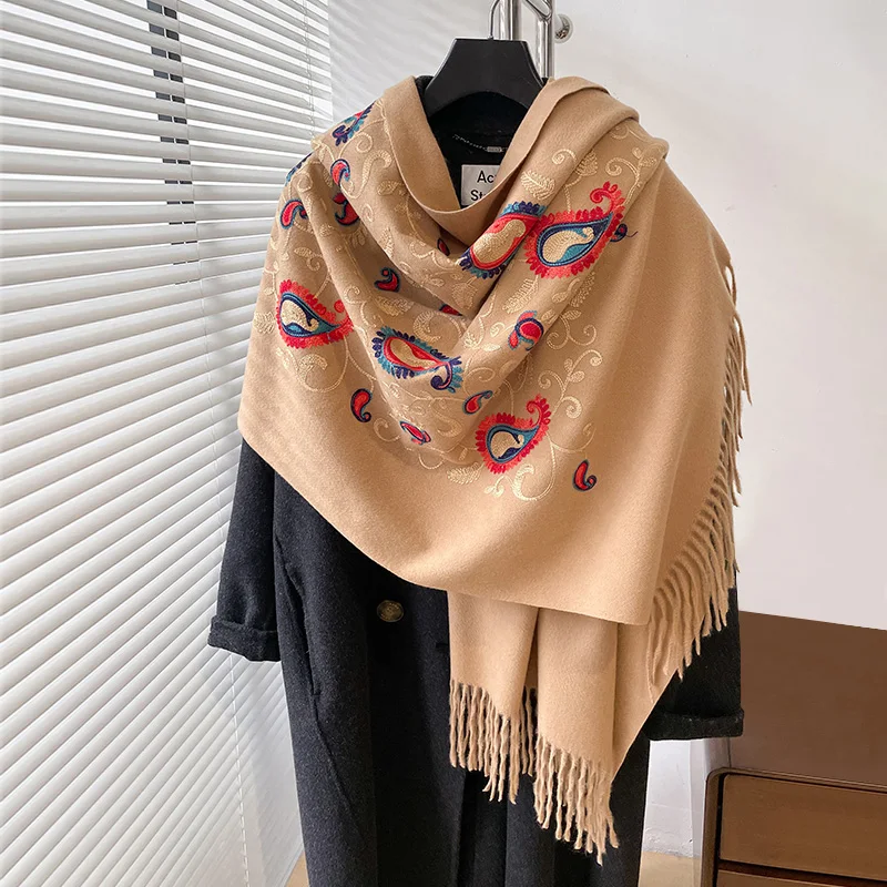 Luxury Winter Embroidery Cashmere Scarves High Quality Women Thicken Wrap Shawl Ladies Warm Wool Pashmina Paisley Besign Scarf