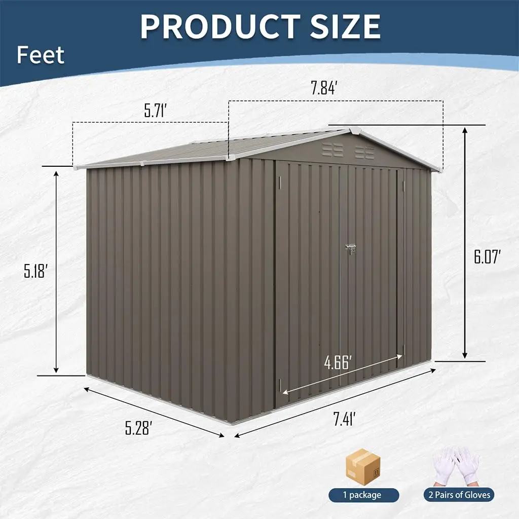 Metal Garden Shed 8x6 FT with Lockable Doors, Ventilation, Galvanized Steel Frame, Weather Resistant Tool Storage, Customized