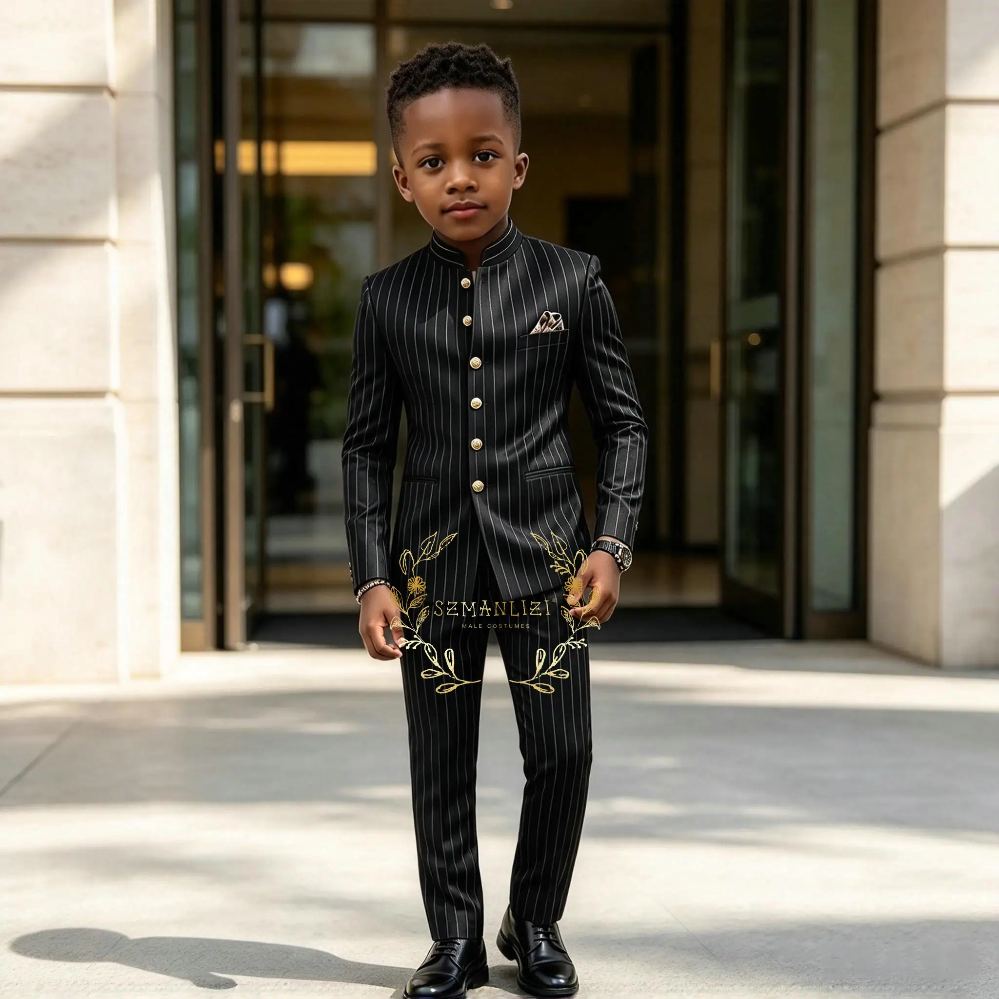 Black Striped Suit For Boys Wedding Tuxedo African Design Stand Collar 2 Pieces Slim Fit Kids Fashion Party Dress Child Clothes