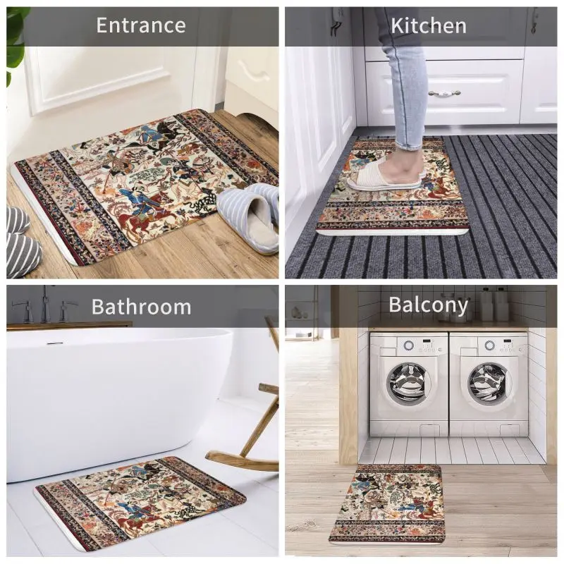 Blue Antique Persian Isfahan Silk Rug With Animals Front Floor Door Entrance Mat Tribal Ethnic Floral Bath  Doormat Carpet Rug