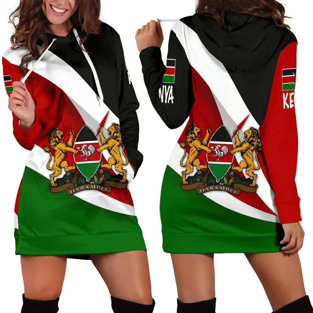 PLstar Cosmos Kenya Coat Of Arms 3D All Over Printed Women's Hoodie Dress Autumn Casual Female Hooded Pullover Dress LMNQ06