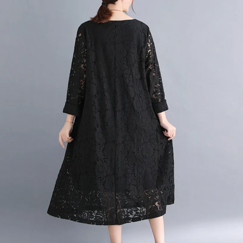 #3255 Spring Summer Red Black White Lace Dress Women Long Sleeve High Quality Fashion O-neck Hollow Out Midi Dress Elegant 