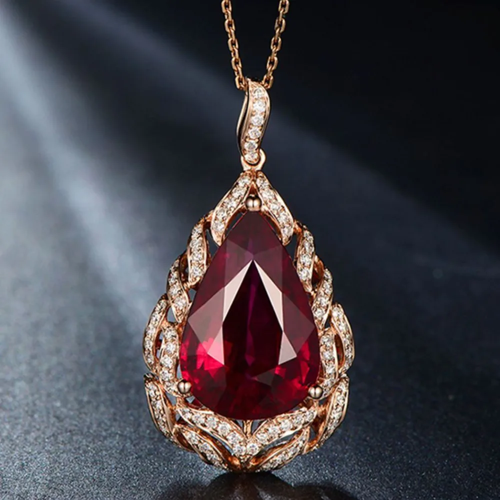 Big Red Gemstones Ruby Zircon Diamonds Water Drop Pendant Necklaces for Women 18k Rose Gold Filled Chain Fine Jewelry Gifts New