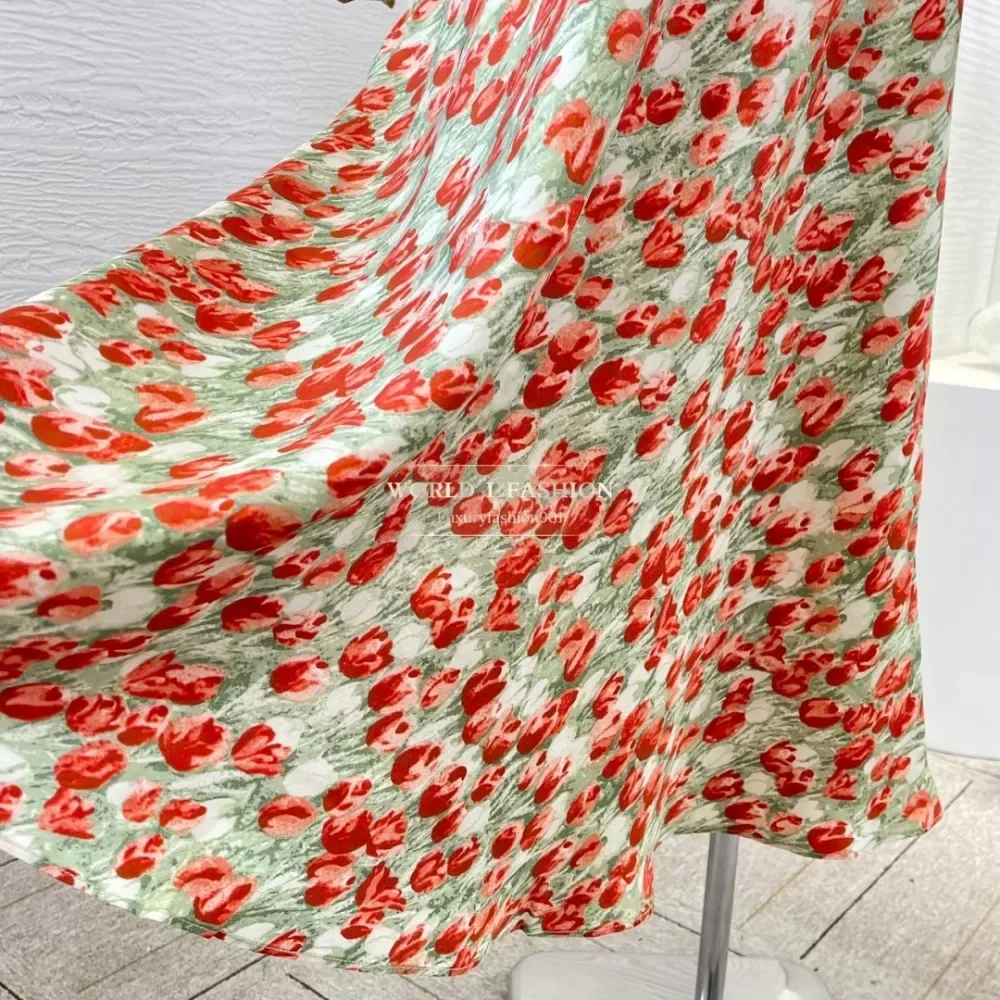 Green Red Floral Print Ruffles Frilled Sleeveless Backless Mermaid Fishtail Midi Dress 2025