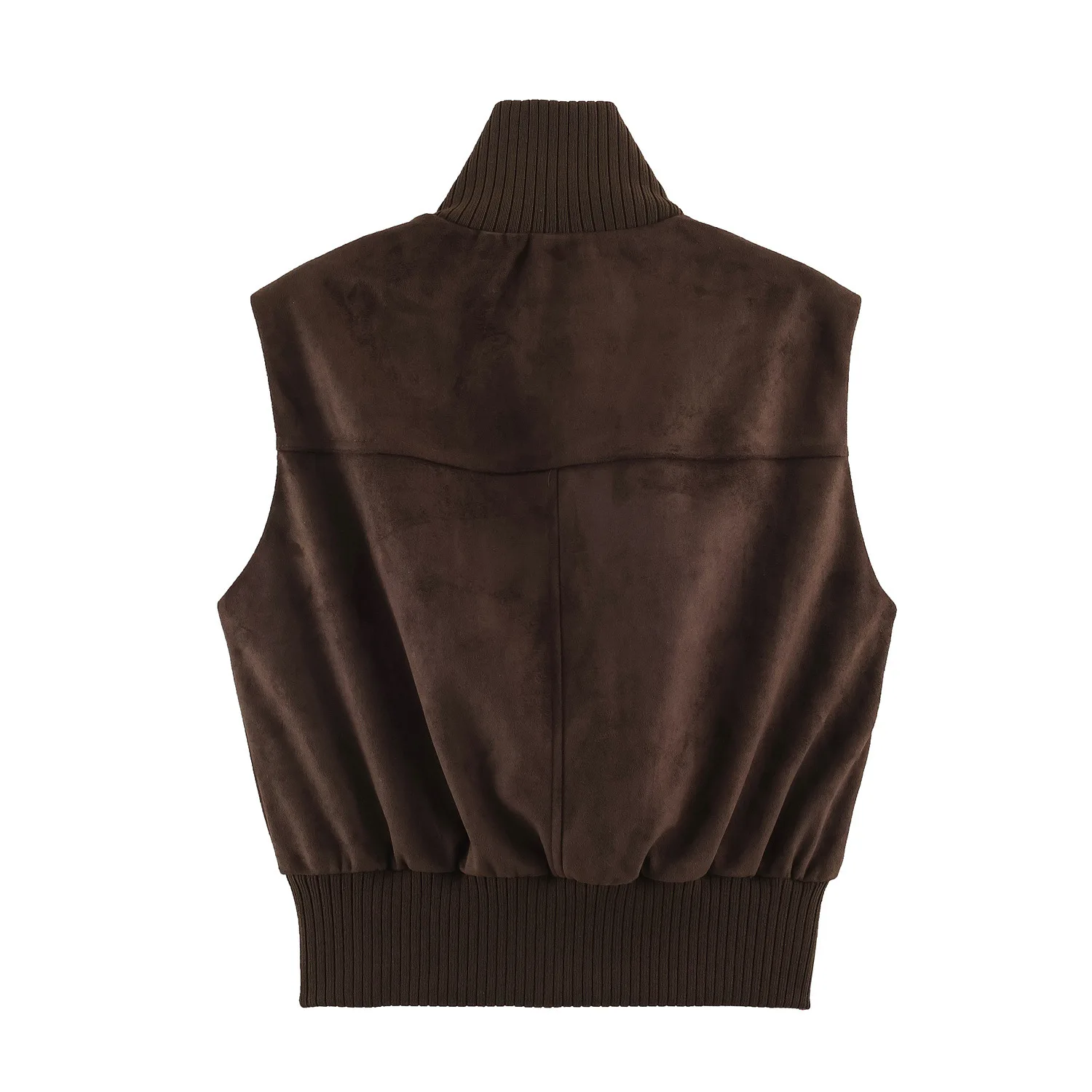 Women Brown Faux Suede Vest Stand Collar Zip Up Sleeveless Jacket Ribbed Trim Cargo Pocket Waistcoat Chalecos Autumn Winter 2026