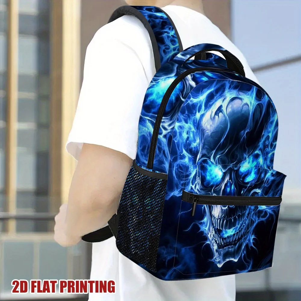 Blue Flaming Skull Print Backpack Gothic Fire Skull Design Lightweight School Travel Daypack for Gothic Horror Fans