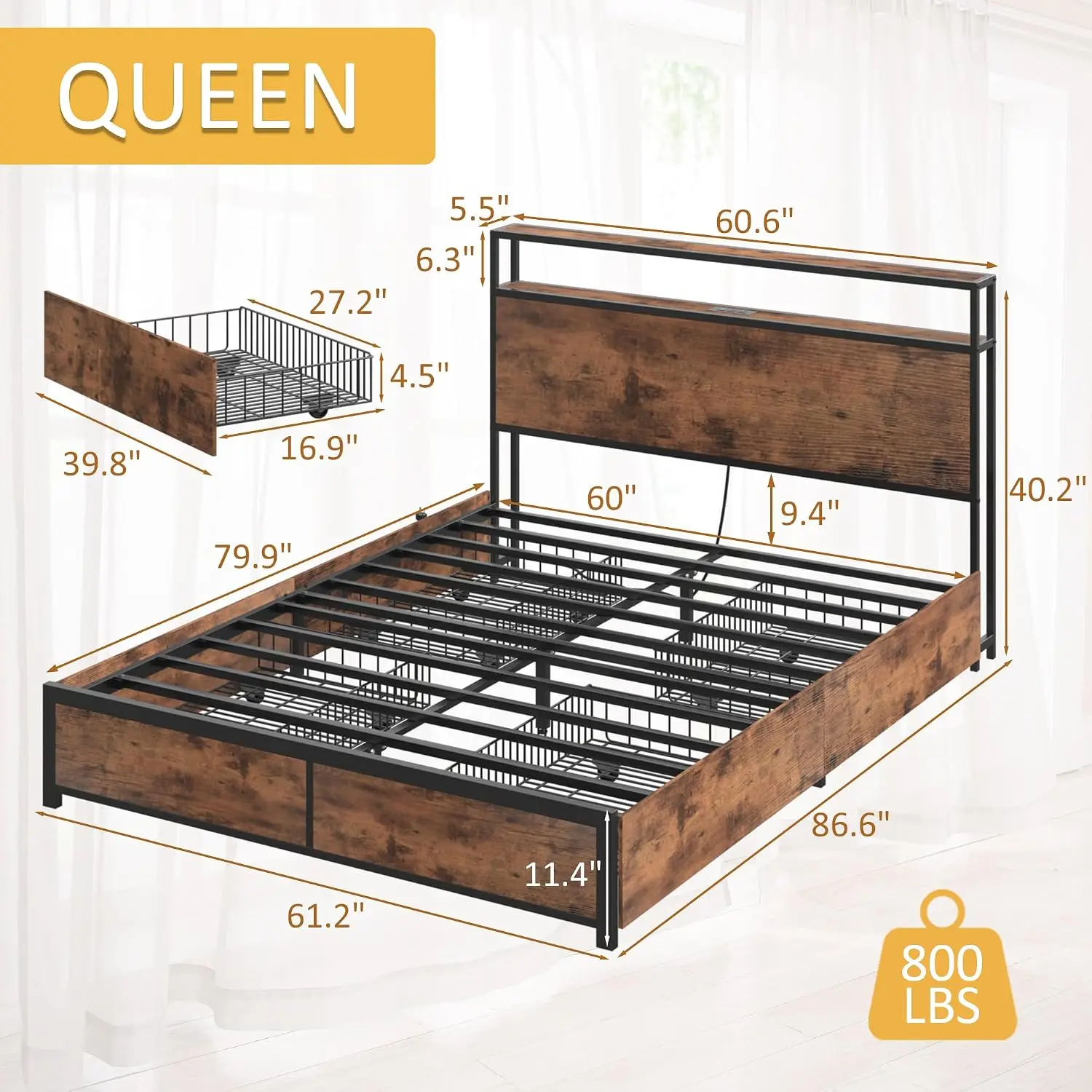 Bed Frame with 2-Tier Storage Headboard, Metal Platform Bed Frame with 4 Storage Drawers, Built in Charging Station, Customized