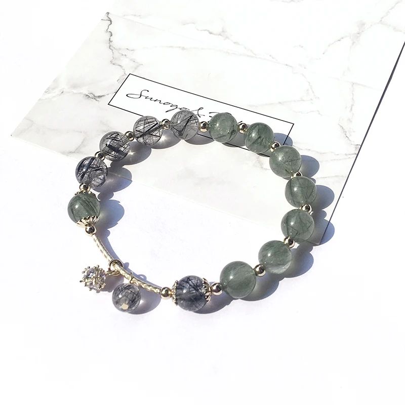 

Natural Black Rutilated Quartz/Green Rutilated Quartz Bracelets for Women Fashion Jewelry 14K Gold Plated Crystal Bracelet Gift
