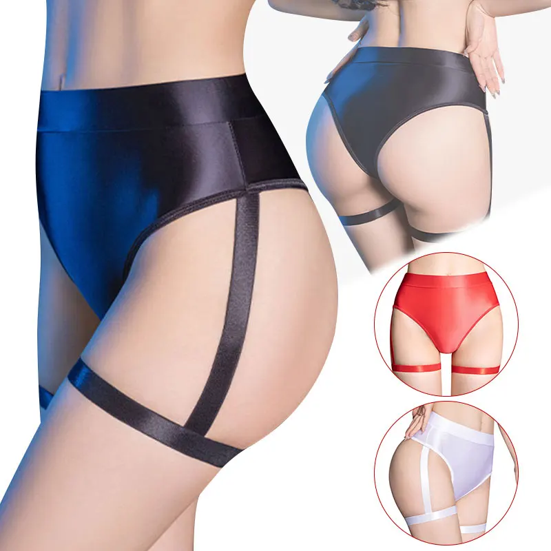 Womens Panties Sexy Leggings High Waist Shiny Satin Glossy Opaque Gym Yoga Lingerie Thong Lingerie with Suspender Leg Bands Sexy